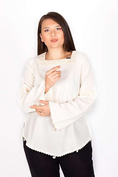 ÇIKRIKÇI TEKSTİL ŞİLE BEZİ Kadın Krem Şile Bezi Dantelli Uzun Kol Bluz