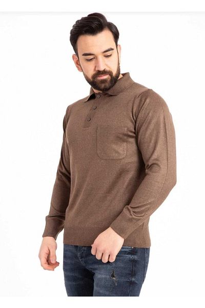 HMZ GİYİM Men's Brown Thin Knitwear Knitted Polo Collar Dad Sweater
