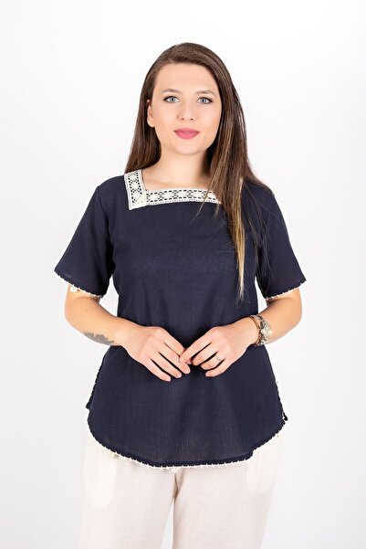 ÇIKRIKÇI TEKSTİL ŞİLE BEZİ Şile Bezi Dantelli Kısa Kol Bluz Yazlık Tril Tril