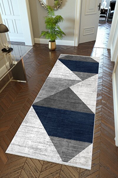 10 Post Online Gray Indigo Navy Blue Digital Printed Non-Slip Base Runner - Cut Washable Thin Carpet