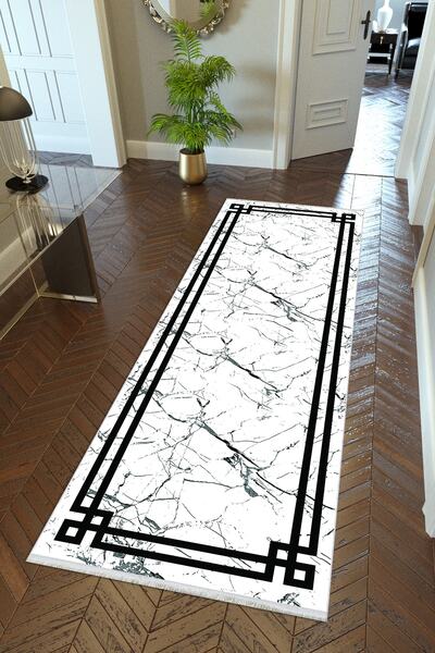 10 Post Online Runner Frame Patterned Marble White Non-Slip Cutting Washable Thin Digital Printing Hallway Carpet
