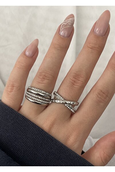 KİLİGİSTANBUL Gümüş Renk Zirkon Taşlı Çapraz Ve Düz Yüzük Çifti