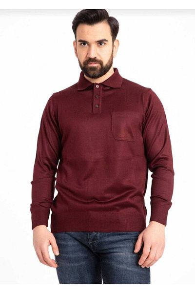 HMZ GİYİM Men's Claret Red Thin Knitwear Knitted Polo Collar Dad Sweater