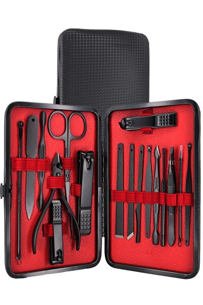 Genel Markalar Deri Çantalı Cüzdan Boyutunda 17 Parça Manikür Pedikür Seti Siyah