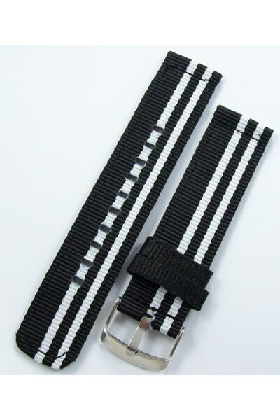 Ezgi Elektronik Kumaş Perlon Siyah Beyaz 20 mm Spor Saat Kordonu Kayışı Nato Bjk