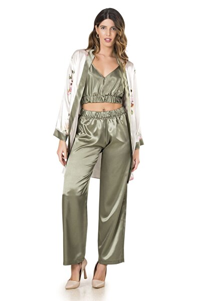 Genel Markalar Kadın Saten Üçlü Sabahlık Crop Pijama Takım