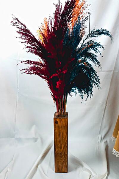 Alyones 2'li Set Dekoratif Ahşap Vazo Ve 15'li Karışık Renk Pampas