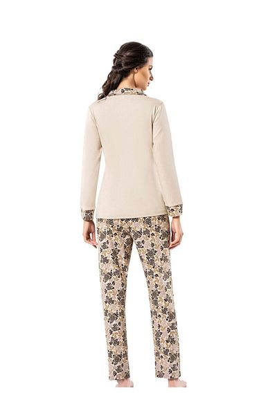 Şahinler Beige Intuitive Front Buttoned Long Sleeve Women's Pajama Set