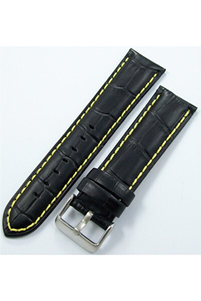 Ezgi Elektronik Bizon Deri Saat Kordonu 24mm Siyah Kayışı Sarı Dikişli Krokodil