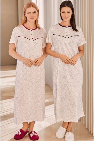 Mecit 5267 Floral Patterned Short Sleeve Large Size Nightgown Navy Blue