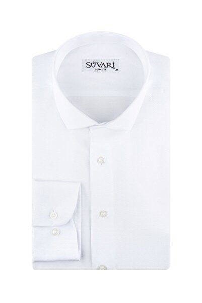 SÜVARİ Erkek Slim Fit Armür Desenli Beyaz Gömlek
