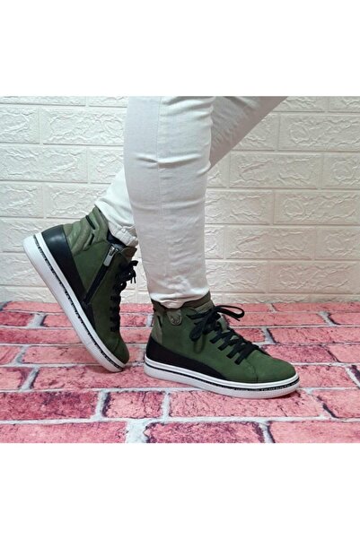 Voyager 8498 Haki Yeşil Hakiki Deri Kaymaz Taban Fermuarlı Bağacaklı Bot