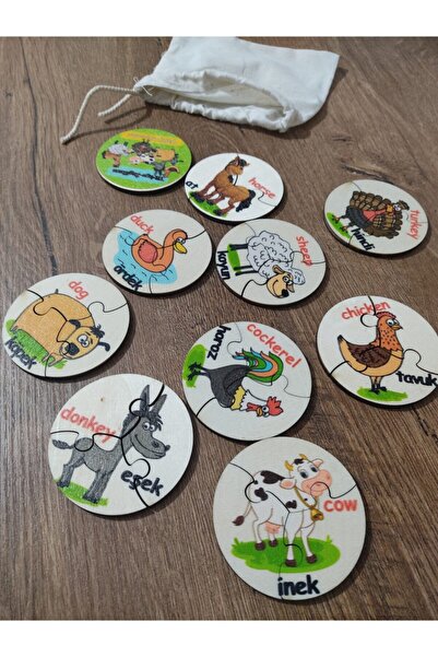 Ankebut Türkçe Ingilizce Çiftlik Hayvanları Ahşap Renkli Puzzle 9 Araç 27 Parça