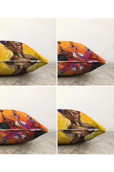 Realhomes Double Sided African Lady Motif 4-Piece Modern Raschel Knitted Pillow Kılent Case Set