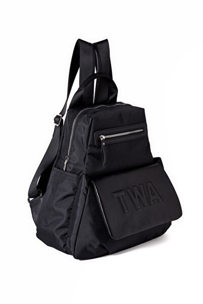 Twinsaction Allegra Siyah Deri Detaylı Sırt Çantası