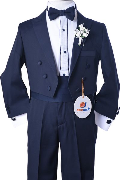 ceocuk Boy's Navy Blue Frock Coat Tuxedo Suit