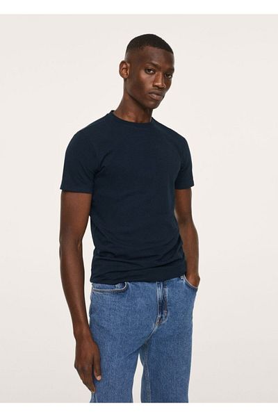 MANGO Man Ανδρικό μπλουζάκι από βαμβακερό Navy Blue Stretch