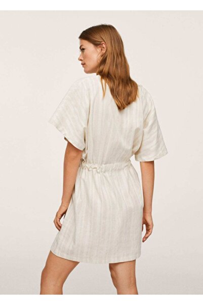 MANGO Woman Kadın Ekrü Fiyonklu Pamuklu Elbise