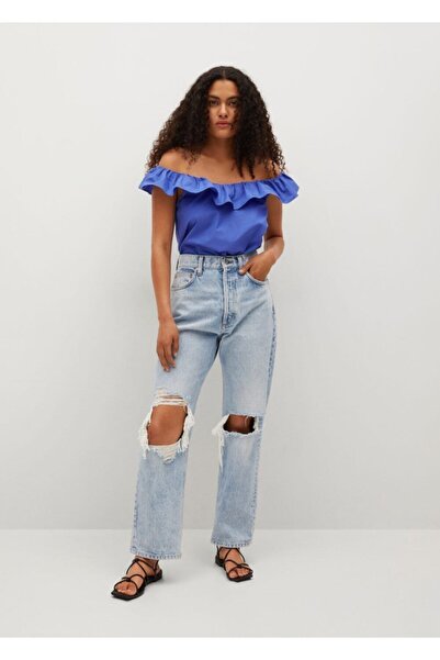 MANGO Woman Top de damă albastru din bumbac cu volane