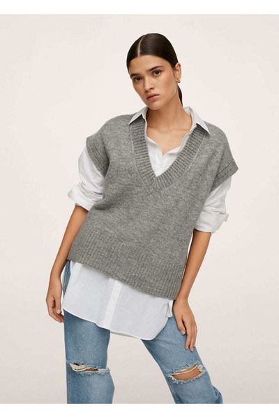 MANGO Woman Women's Gray V-Neck Knitted Sweater