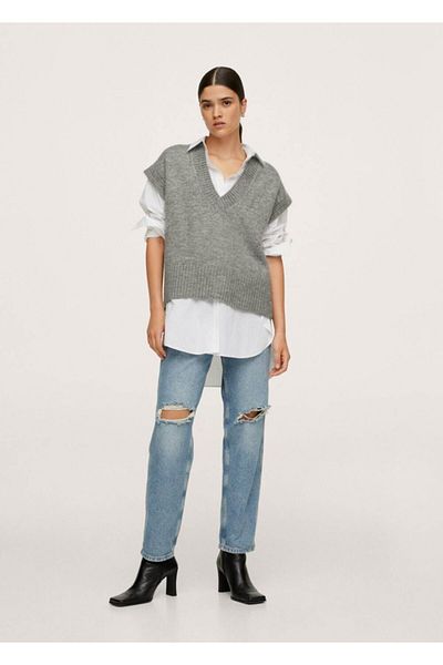 MANGO Woman Women's Gray V-Neck Knitted Sweater