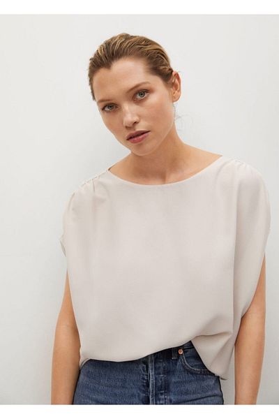 MANGO Woman Graues Damen-T-Shirt mit gerafften Schultern