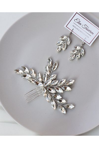 Elen Tasarım Scalloped Bridal Crown and Earring Set - Jewelled Hair Accessory