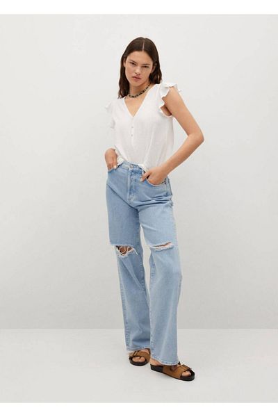 MANGO Woman Tricou alb din bumbac cu volane pentru femei