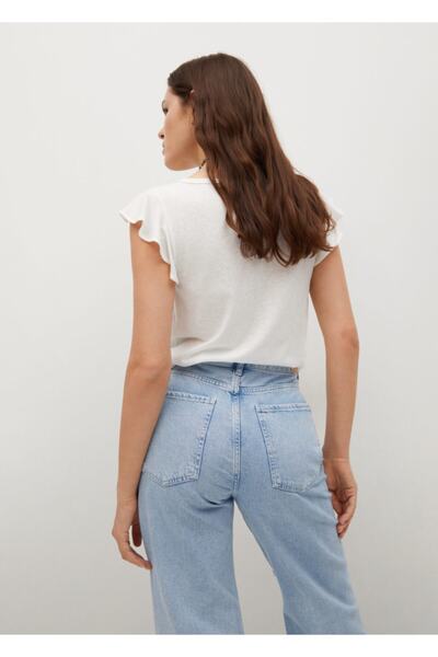 MANGO Woman Γυναικείο βαμβακερό μπλουζάκι με λευκό βολάν