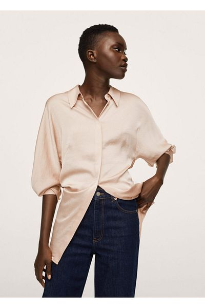 MANGO Woman Cămașă cu suprafață fluidă din satin roz pastel pentru femei