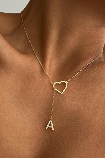 Genel Markalar Taşlı Harf Charmlı Kalp Model 925 Gümüş Tasarım Kolye