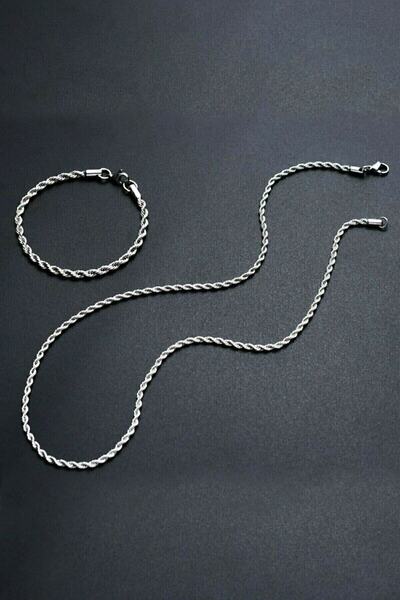 TREND COLLECTİON Unisex Gümüş Kaplama Kalın Burgu Kolye Bileklik Set