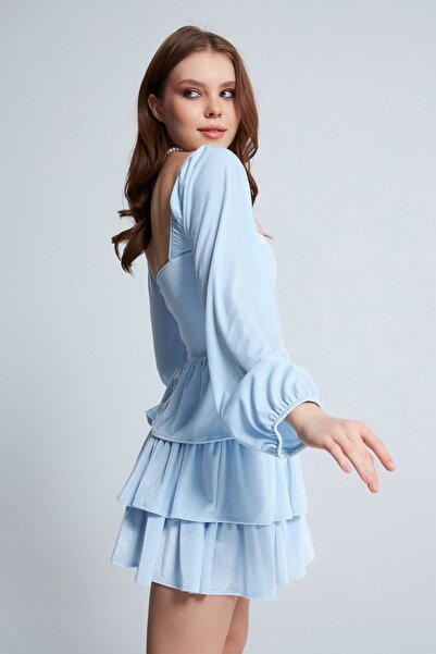 BERFUĞ KIRAN Uzun Kollu Kat Kat Kadife Elbise Bebe Mavi