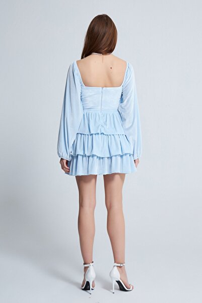 BERFUĞ KIRAN Uzun Kollu Kat Kat Kadife Elbise Bebe Mavi