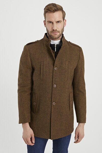 DYNAMO Мъжко светлокафяво палто със смесена вълна с яка и щампа