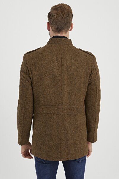 DYNAMO Мъжко светлокафяво палто със смесена вълна с яка и щампа