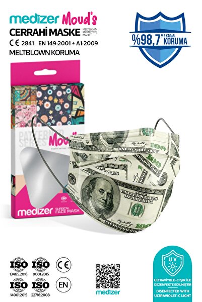 Medizer Meltblown Dolar Desenli Cerrahi Maske 10'lu 1 Kutu