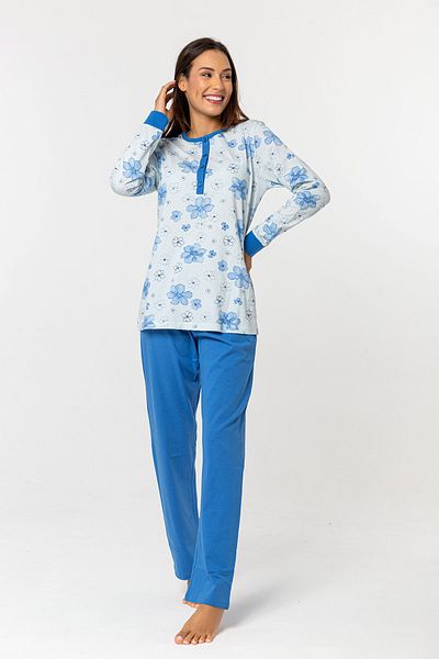 Nur Aka by Nurteks Blue Collar Placket Floral Winter Plus Size Pajama Set