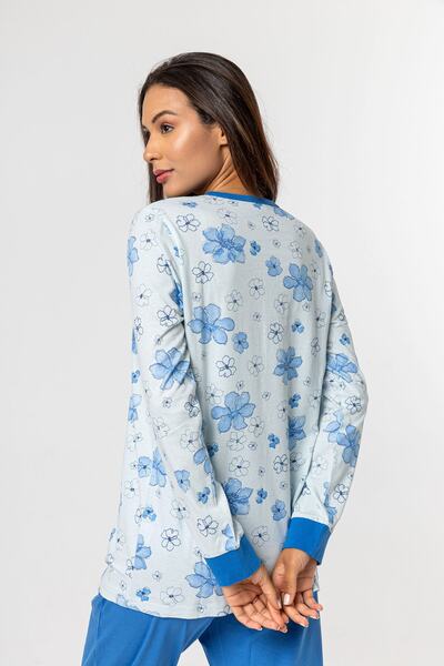 Nur Aka by Nurteks Blue Collar Placket Floral Winter Plus Size Pajama Set