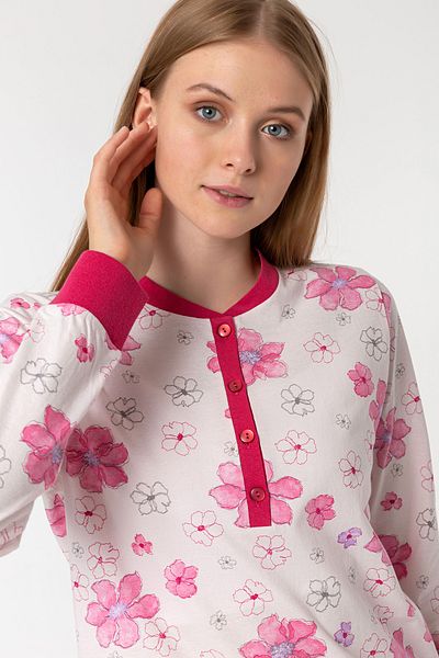 Nur Aka by Nurteks Pink Collar Placket Floral Winter Plus Size Pajama Set