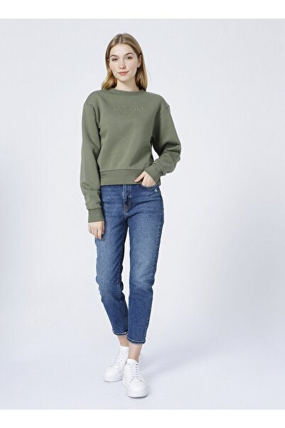 Guess Crew Neck Regular Fit Printed Khaki Women's Sweatshirt