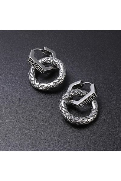 northstarshop Large Antique Design Combination Ring Accessory Snap Hexagon Tribal Men's 316l Steel Earrings (pair)