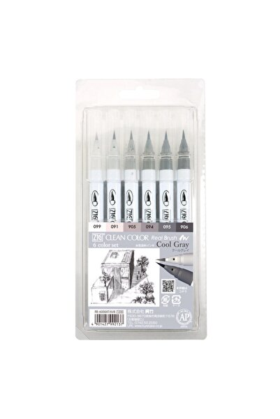 Zig Clean Color Real Brush Fırça Uçlu Marker Kalem 6'lı Set Cool Grey