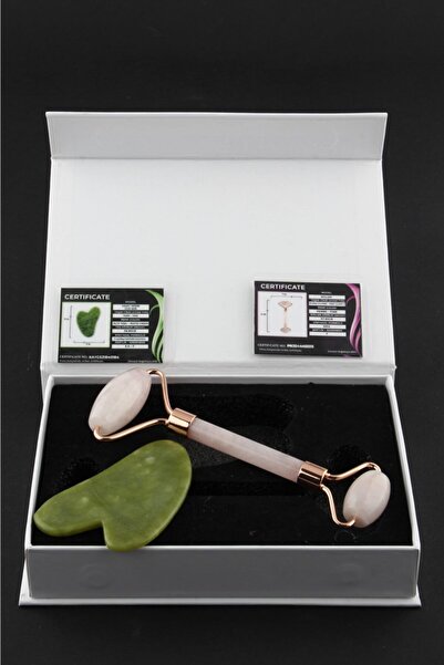 OSMANLI DOĞAL TAŞ Sertifikalı Pembe Kuvars Masaj Taşı Roller Ve Yeşim Gua Sha...