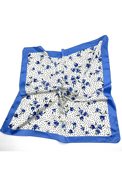 nazipek Eșarfă Bandana din Satin 50x50cm Crem Bleumarin Motiv Floral de Înaltă Calitate