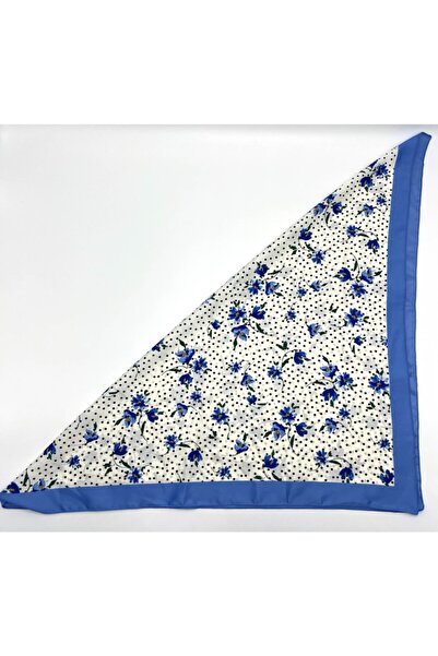 nazipek Saten Bandana Fular 50x50cm Krem Lacivert Yüksek Kalite Çiçek Desenli