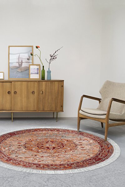 Alanur Home Eko Trend Dijital Kaymaz Taban Salon Halısı P1356 Yuvarlak Vintage Kırmızı