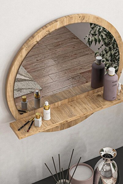 meDDex Yuvarlak Raflı Ayna 45cm Atlantik Çam Dresuar Hol Koridor Salon Banyo ...