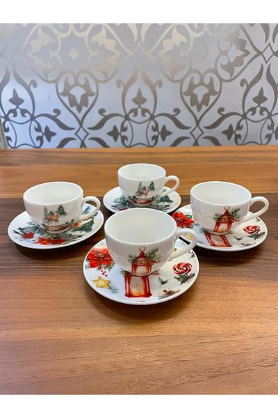 TEBAK COLLECTION طقم فناجين شاي بورسلين بنمط رأس السنة مكون من 4 قطع