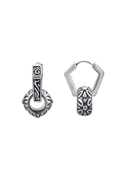 northstarshop Large Antique Design Combination Ring Accessory Snap Hexagon Tribal Men's 316l Steel Earrings Pair